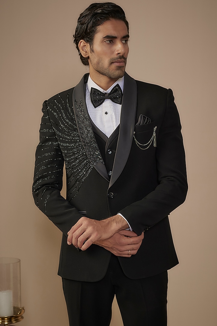 Black Suiting Hand Work Tuxedo Set by Nero by Shaifali & Satya at Pernia's Pop Up Shop