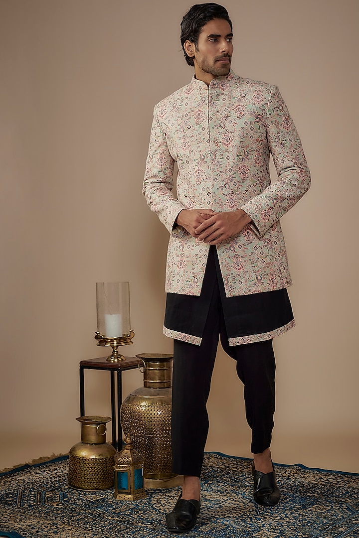 Green Jacquard Printed Jodhpuri Set by Nero by Shaifali & Satya