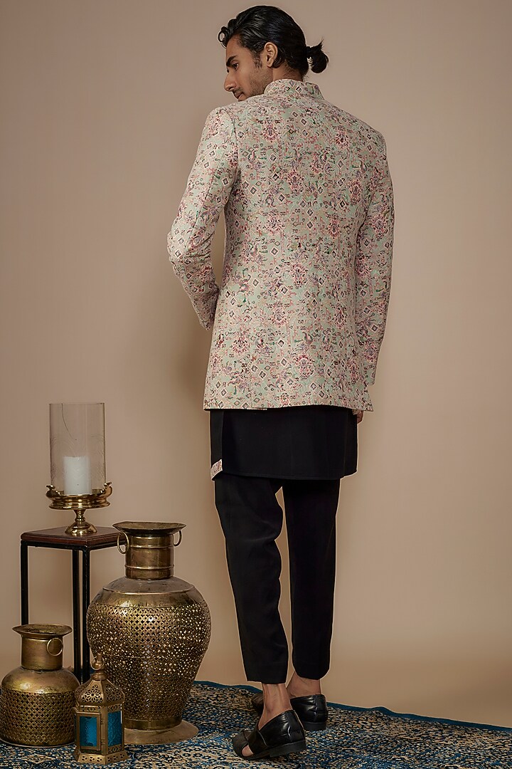 Green Jacquard Printed Jodhpuri Set by Nero by Shaifali & Satya at Pernia's Pop Up Shop