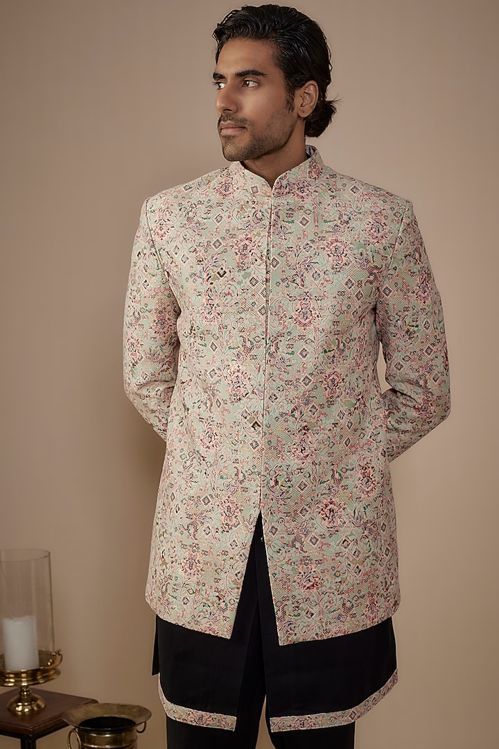 Green Jacquard Printed Jodhpuri Set by Nero by Shaifali & Satya at Pernia's Pop Up Shop