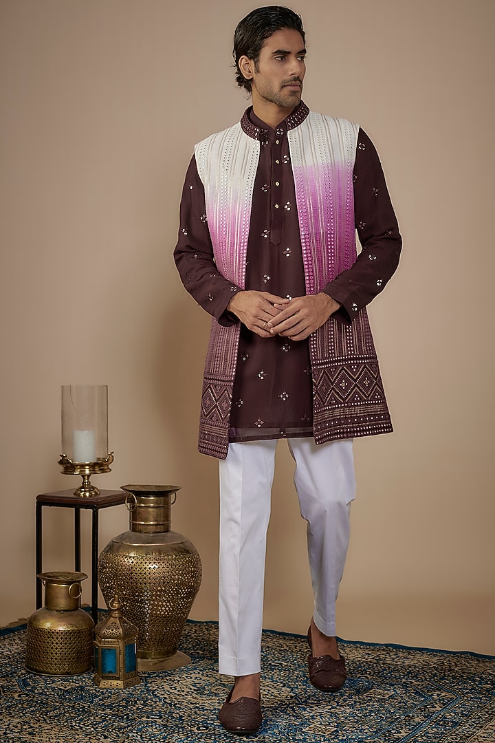 Wine Lucknowi Sequins Work Alika Jacket Set by Nero by Shaifali & Satya at Pernia's Pop Up Shop