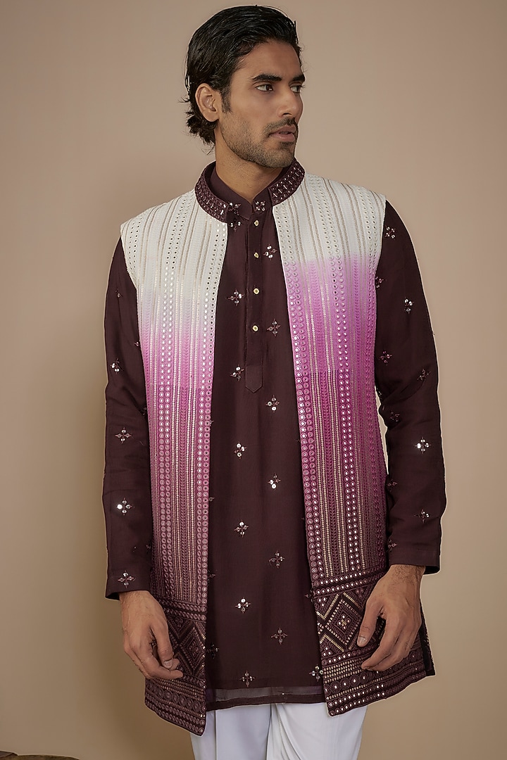 Wine Lucknowi Sequins Work Alika Jacket Set by Nero by Shaifali & Satya at Pernia's Pop Up Shop