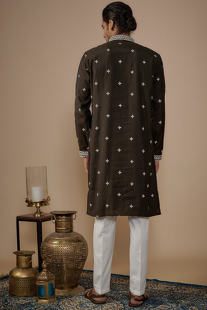 Black Cotton Silk Thread Embroidered Kurta Set by Nero by Shaifali & Satya at Pernia's Pop Up Shop