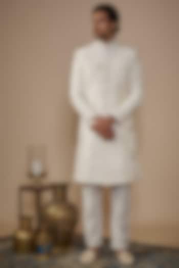 White Silk Thread Hand Embroidered Groom Sherwani Set by Nero by Shaifali & Satya at Pernia's Pop Up Shop