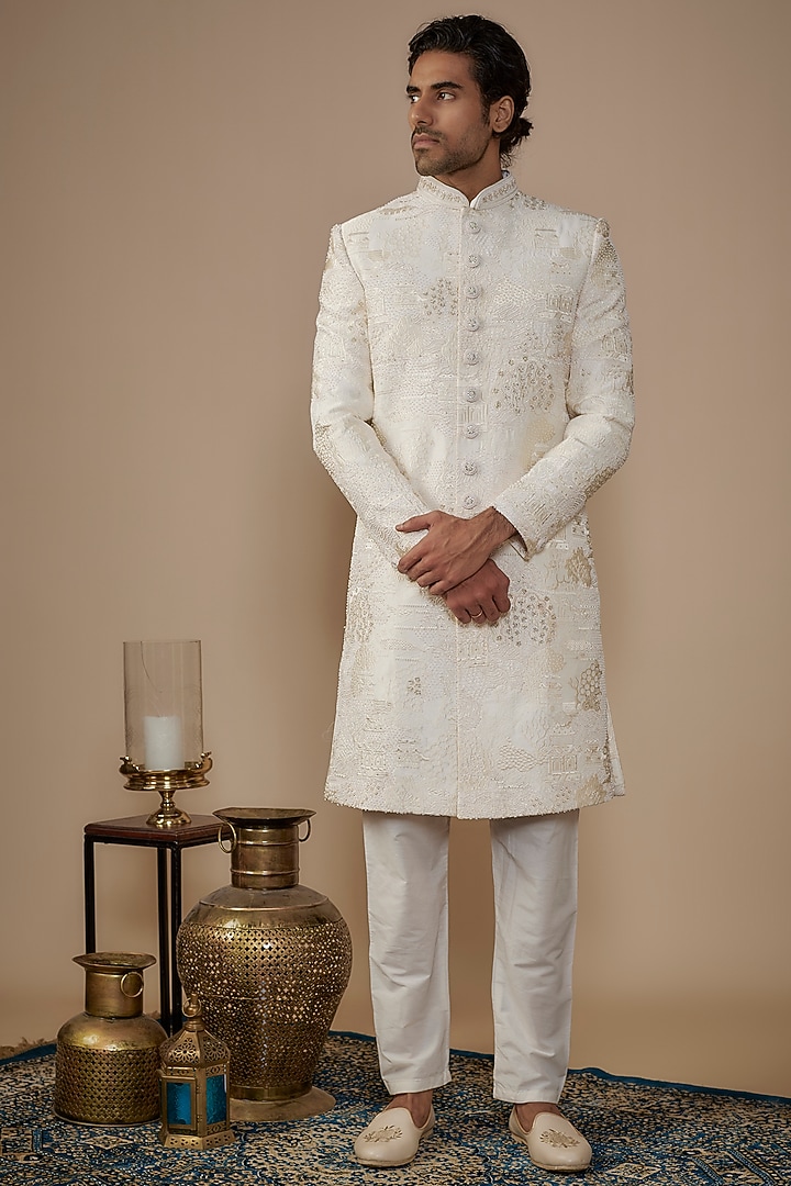 White Silk Thread Hand Embroidered Groom Sherwani Set by Nero by Shaifali & Satya at Pernia's Pop Up Shop