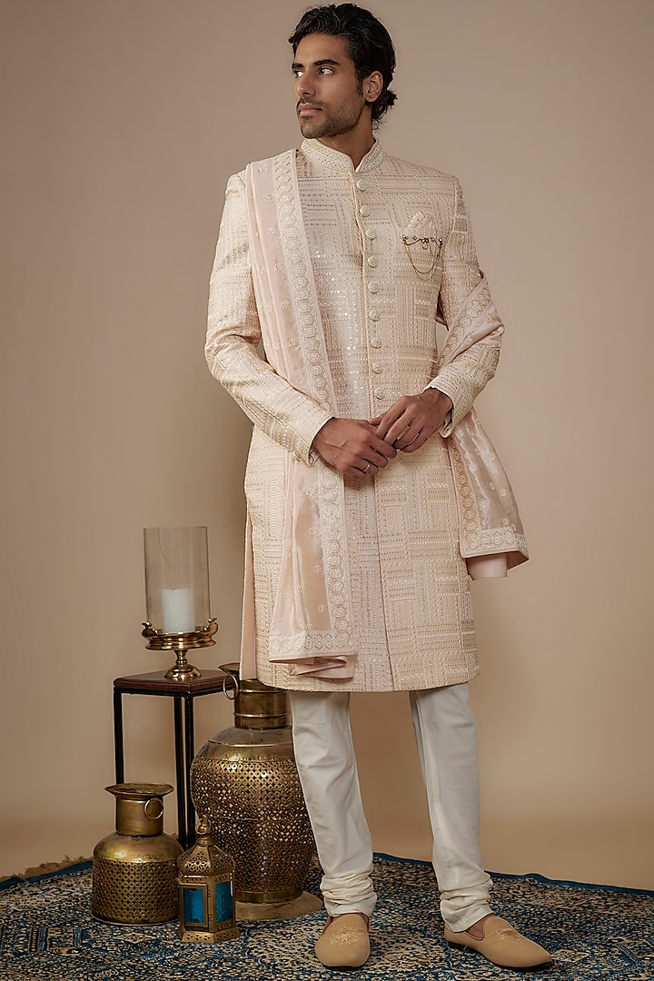 Peach Silk Sequins & Thread Work Sherwani Set by Nero by Shaifali & Satya