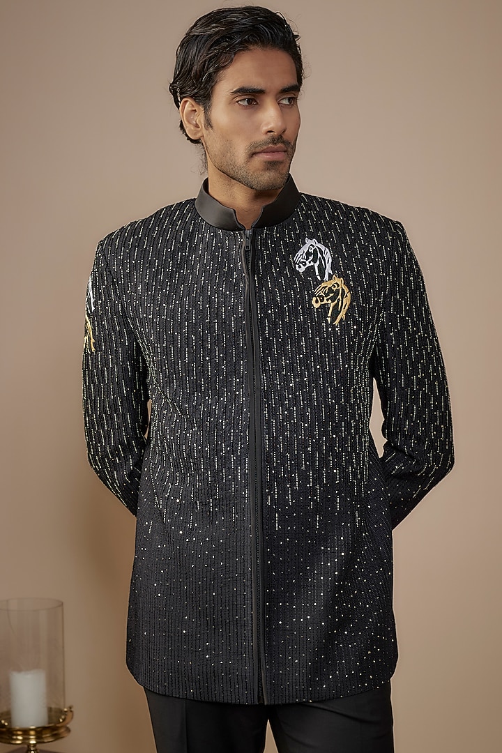 Black Silk Hand Work Jodhpuri Set by Nero by Shaifali & Satya at Pernia's Pop Up Shop