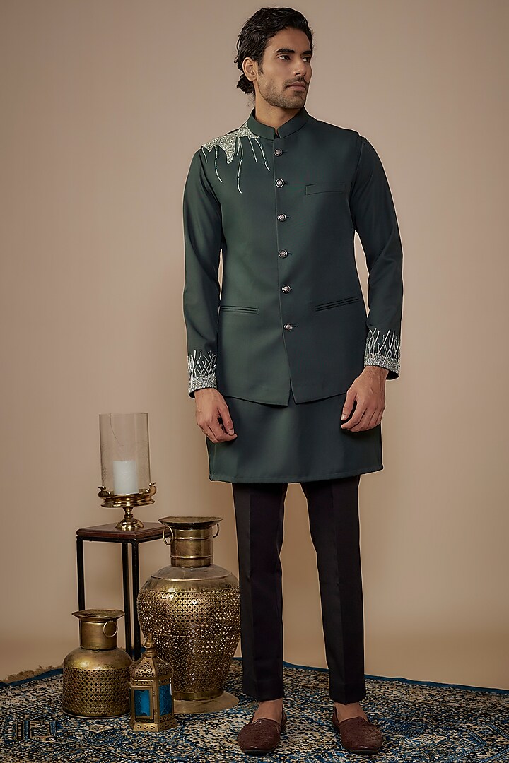 Green Suiting Hand Work Bundi Jacket Set by Nero by Shaifali & Satya