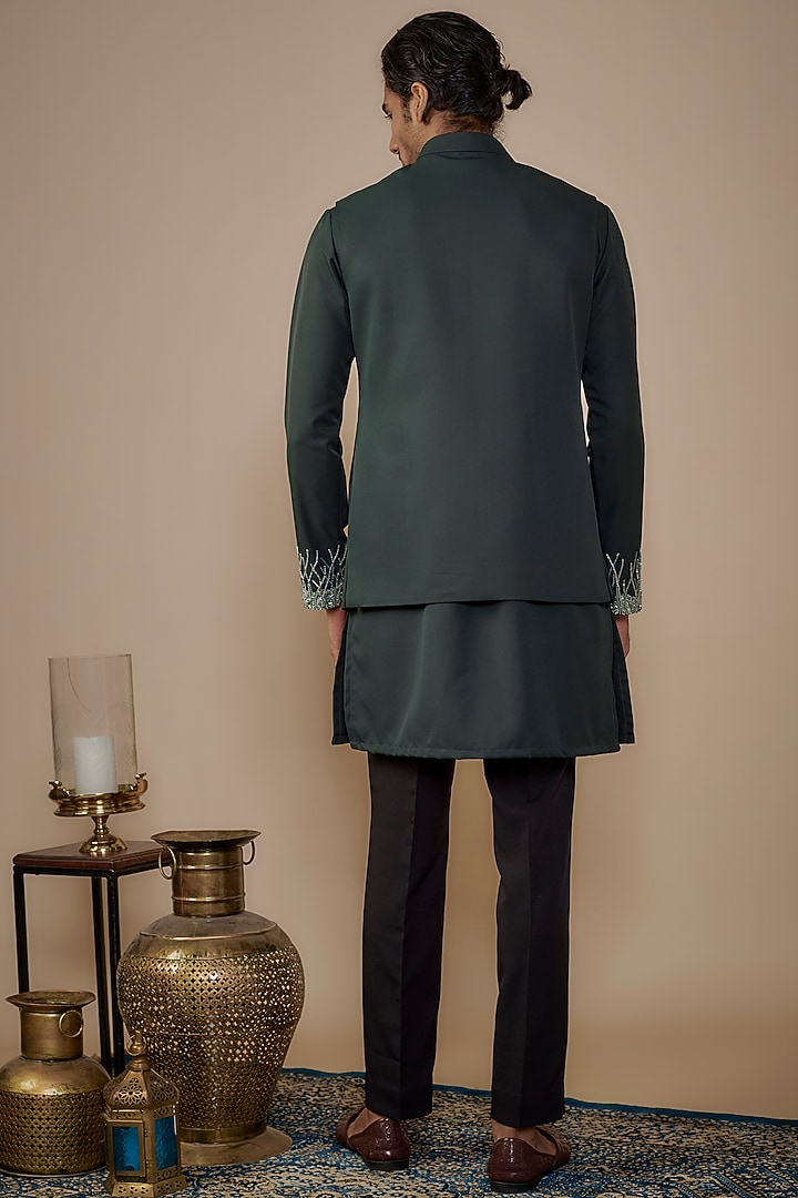 Green Suiting Hand Work Bundi Jacket Set by Nero by Shaifali & Satya at Pernia's Pop Up Shop