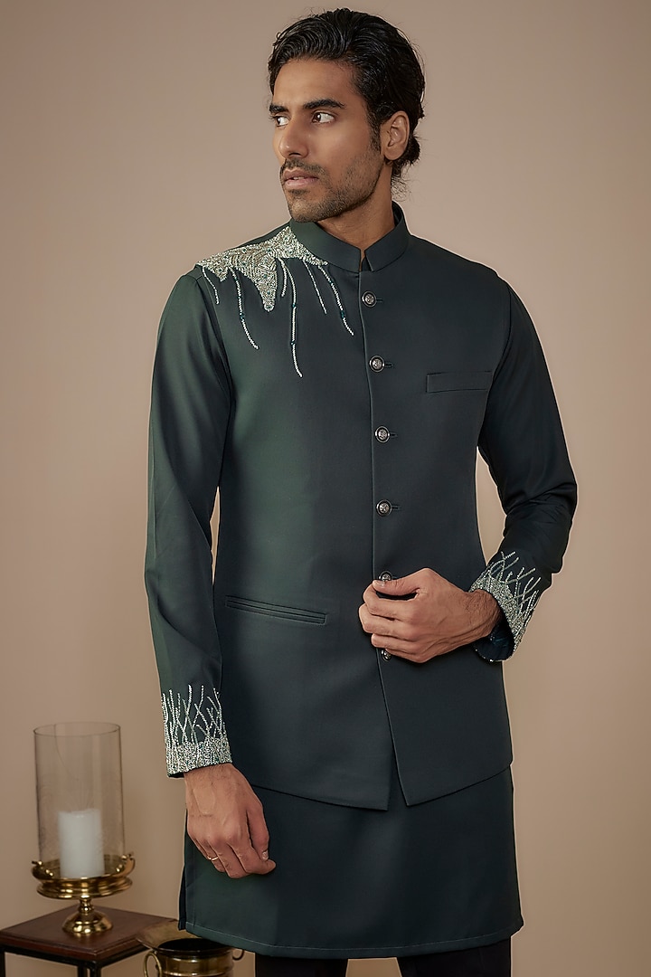 Green Suiting Hand Work Bundi Jacket Set by Nero by Shaifali & Satya at Pernia's Pop Up Shop