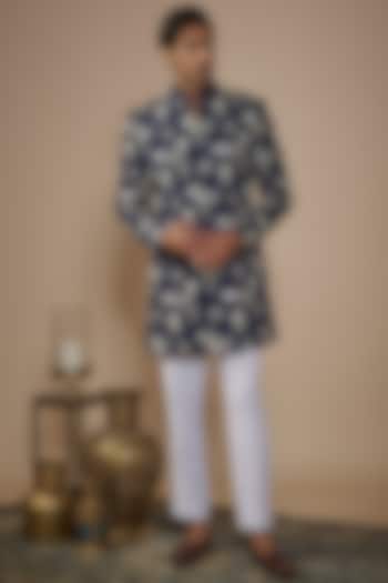 Blue Cotton Silk Thread Embroidered Nawabi Jacket Set by Nero by Shaifali & Satya at Pernia's Pop Up Shop