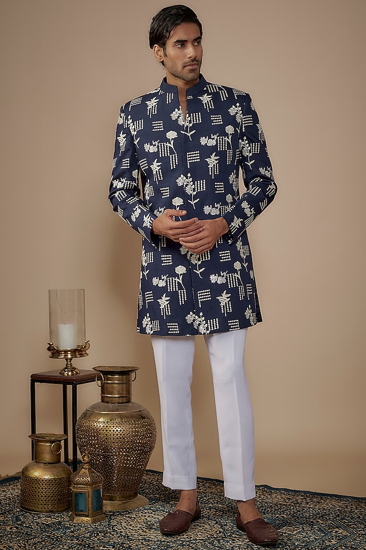 Blue Cotton Silk Thread Embroidered Nawabi Jacket Set by Nero by Shaifali & Satya at Pernia's Pop Up Shop