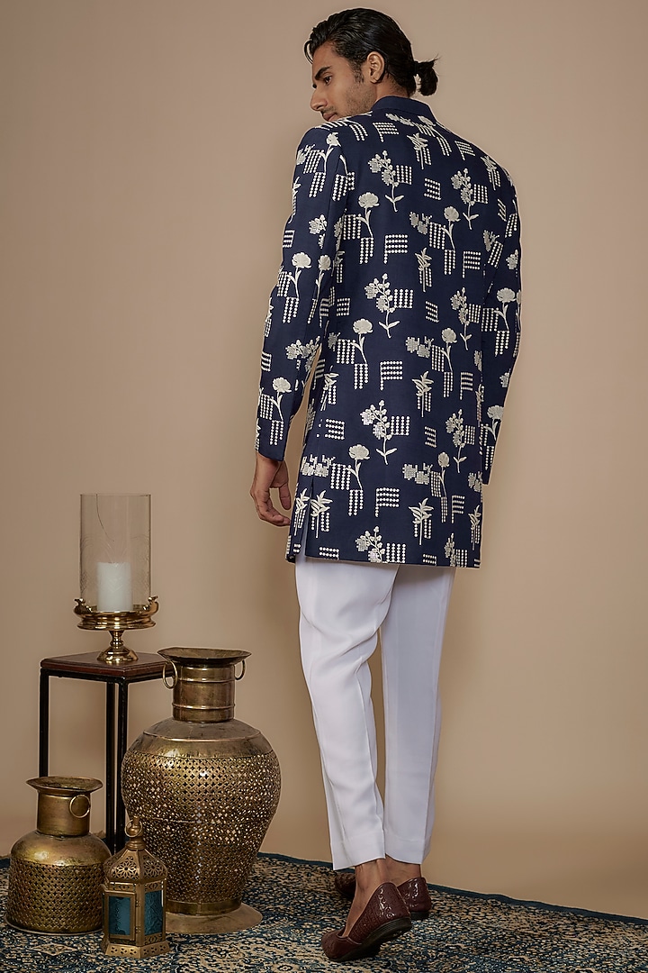 Blue Cotton Silk Thread Embroidered Nawabi Jacket Set by Nero by Shaifali & Satya at Pernia's Pop Up Shop