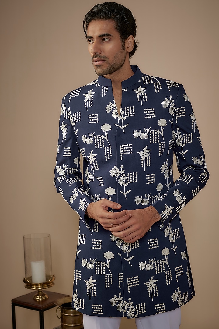 Blue Cotton Silk Thread Embroidered Nawabi Jacket Set by Nero by Shaifali & Satya at Pernia's Pop Up Shop
