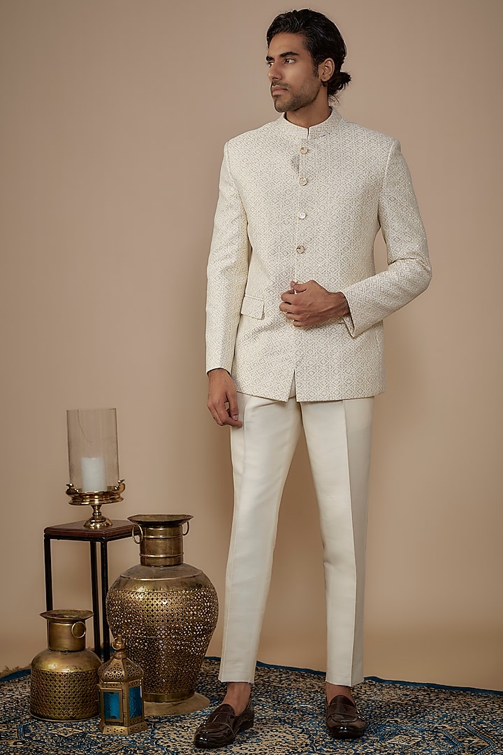 White Jacquard Hand Work Jodhpuri Set by Nero by Shaifali & Satya