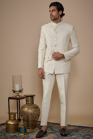 White Jacquard Hand Work Jodhpuri Set by Nero by Shaifali & Satya