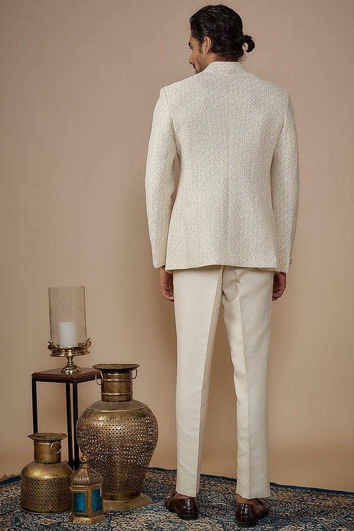 White Jacquard Hand Work Jodhpuri Set by Nero by Shaifali & Satya at Pernia's Pop Up Shop