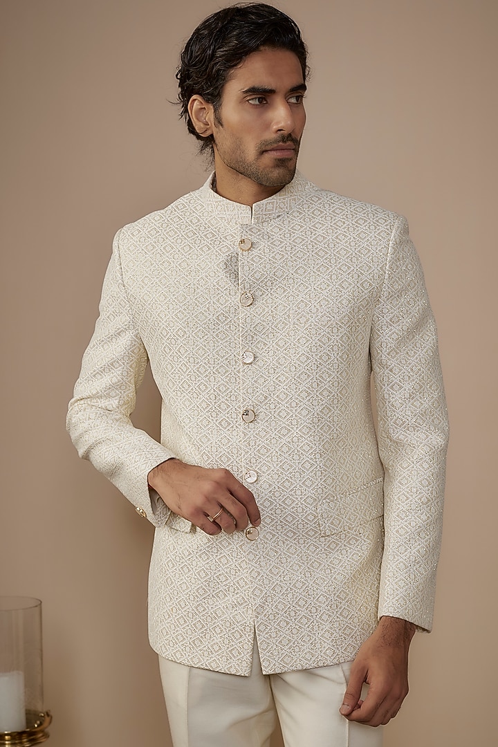 White Jacquard Hand Work Jodhpuri Set by Nero by Shaifali & Satya at Pernia's Pop Up Shop