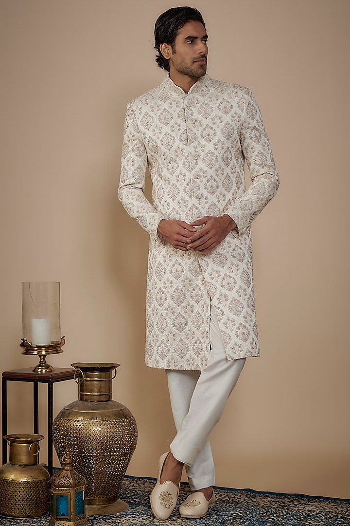 Ivory Silk Hand Work Groom Sherwani Set by Nero by Shaifali & Satya at Pernia's Pop Up Shop