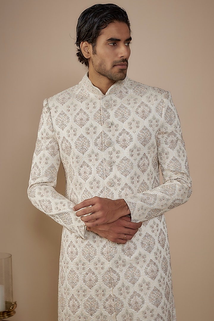 Ivory Silk Hand Work Groom Sherwani Set by Nero by Shaifali & Satya at Pernia's Pop Up Shop