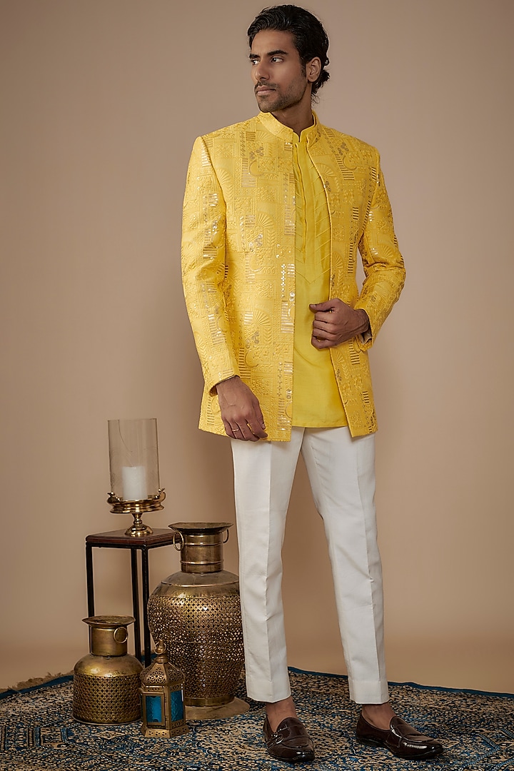 Yellow Lucknowi Sequins & Thread Embroidered Jacket Set by Nero by Shaifali & Satya