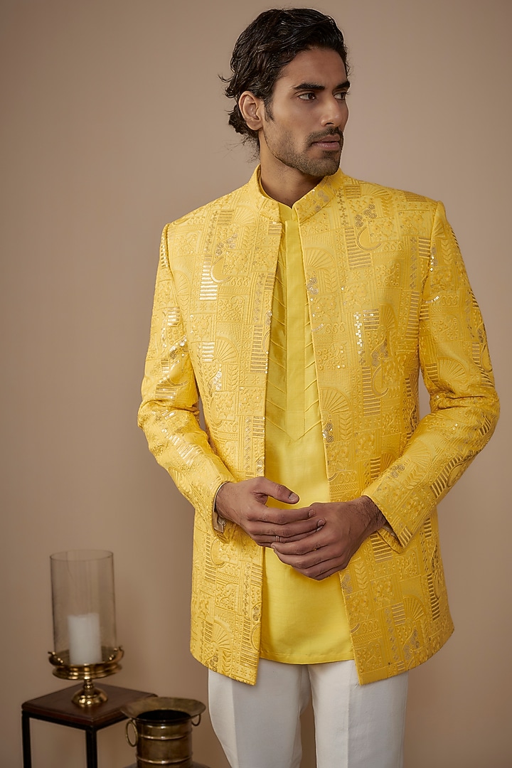 Yellow Lucknowi Sequins & Thread Embroidered Jacket Set by Nero by Shaifali & Satya at Pernia's Pop Up Shop