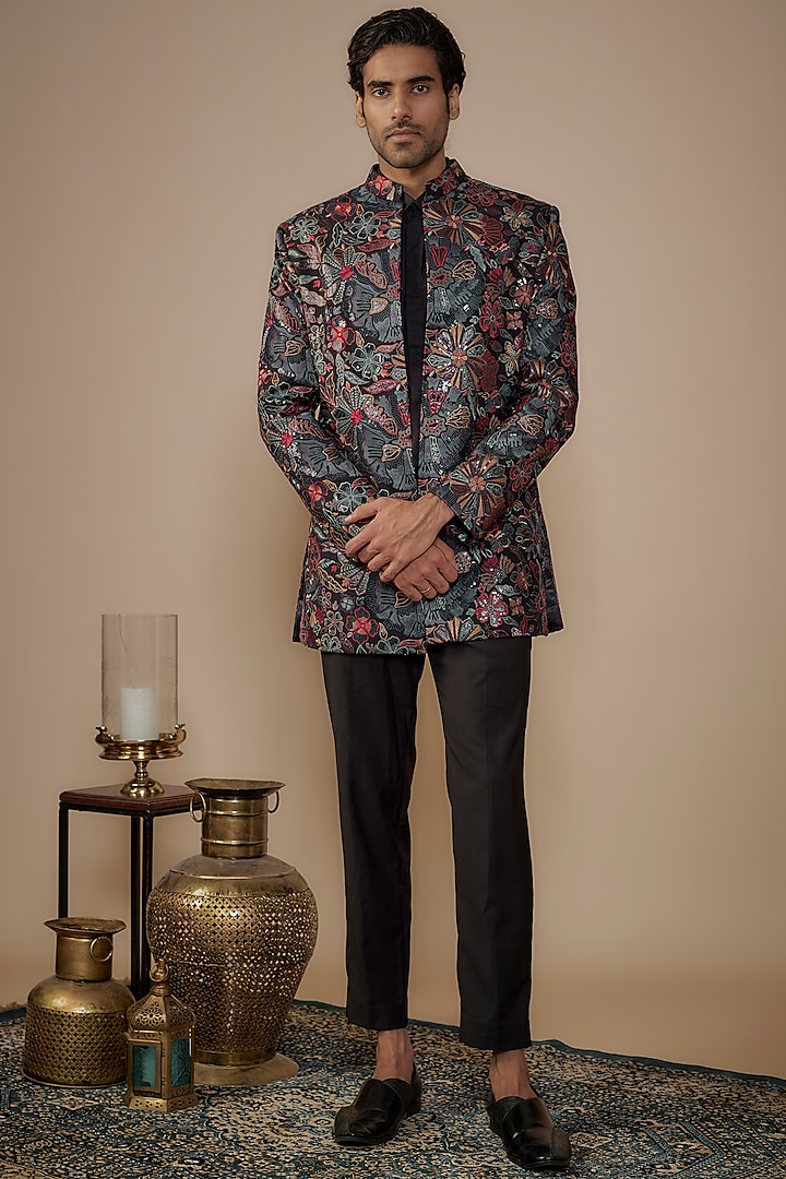 Multi-Colored Silk Thread & Sequins Embroidered Jacket Set by Nero by Shaifali & Satya