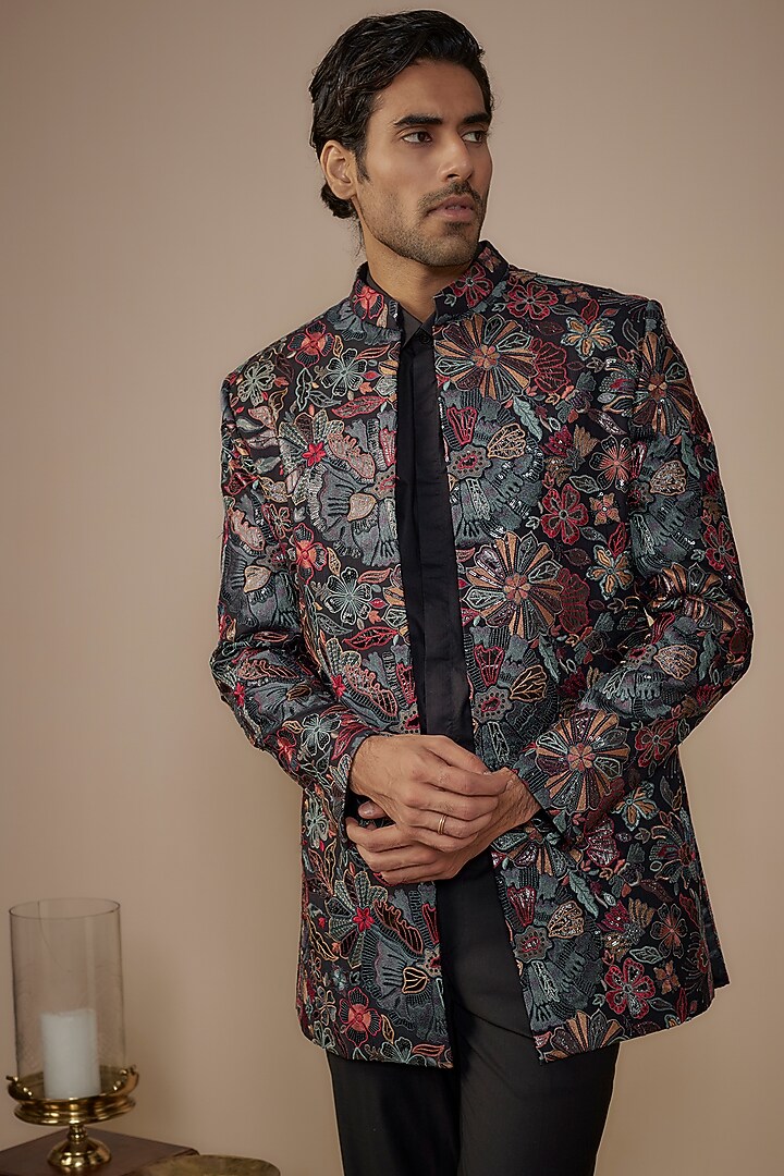 Multi-Colored Silk Thread & Sequins Embroidered Jacket Set by Nero by Shaifali & Satya at Pernia's Pop Up Shop