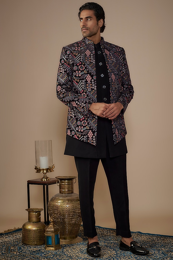 Black Velvet Thread Embroidered Jacket Set by Nero by Shaifali & Satya at Pernia's Pop Up Shop