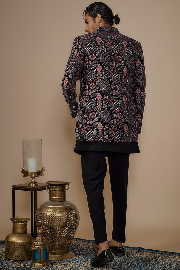 Black Velvet Thread Embroidered Jacket Set by Nero by Shaifali & Satya at Pernia's Pop Up Shop