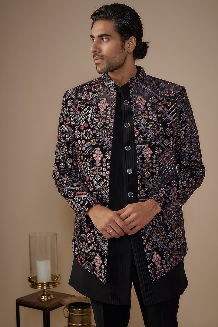 Black Velvet Thread Embroidered Jacket Set by Nero by Shaifali & Satya at Pernia's Pop Up Shop