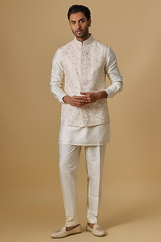 Ivory Lucknowi Hand Embroidered Bundi Jacket Set by Nero by Shaifali & Satya