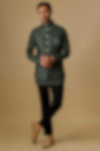 Green Linen Embroidered Bundi Jacket Set by Nero by Shaifali & Satya at Pernia's Pop Up Shop
