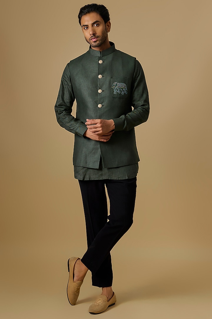 Green Linen Embroidered Bundi Jacket Set by Nero by Shaifali & Satya at Pernia's Pop Up Shop