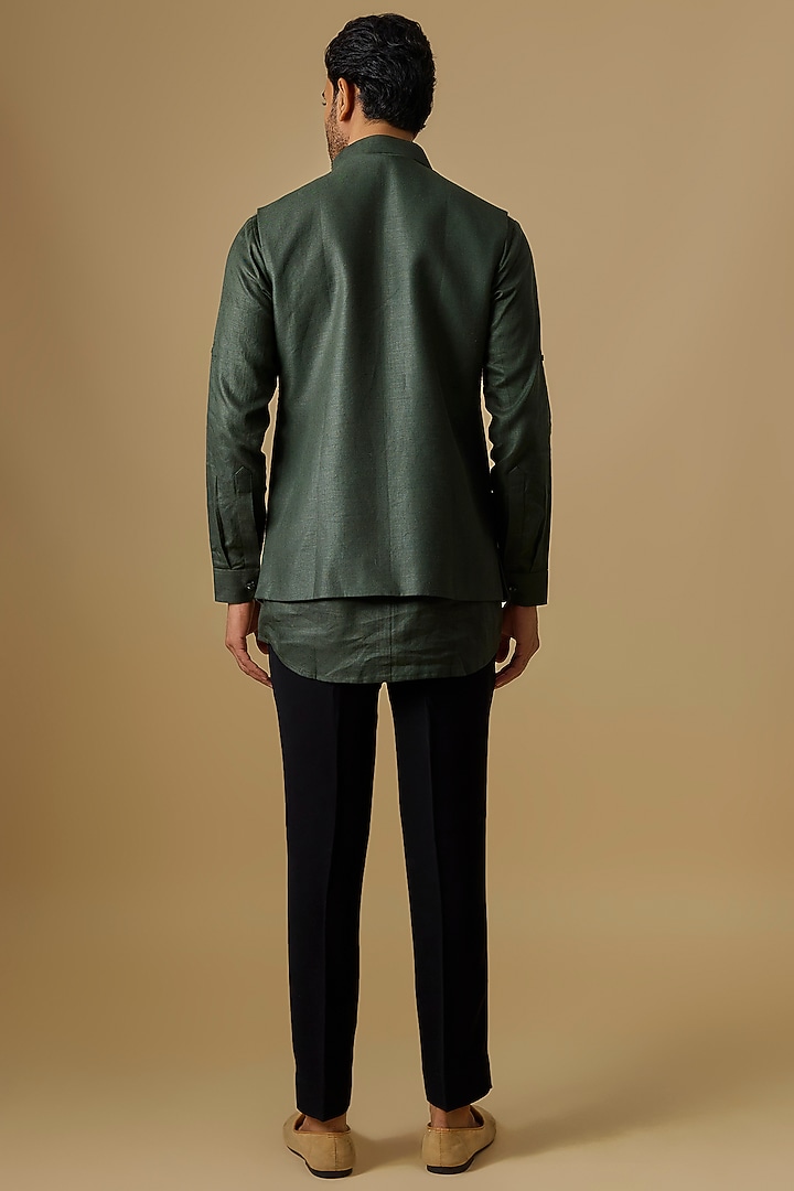 Green Linen Embroidered Bundi Jacket Set by Nero by Shaifali & Satya at Pernia's Pop Up Shop