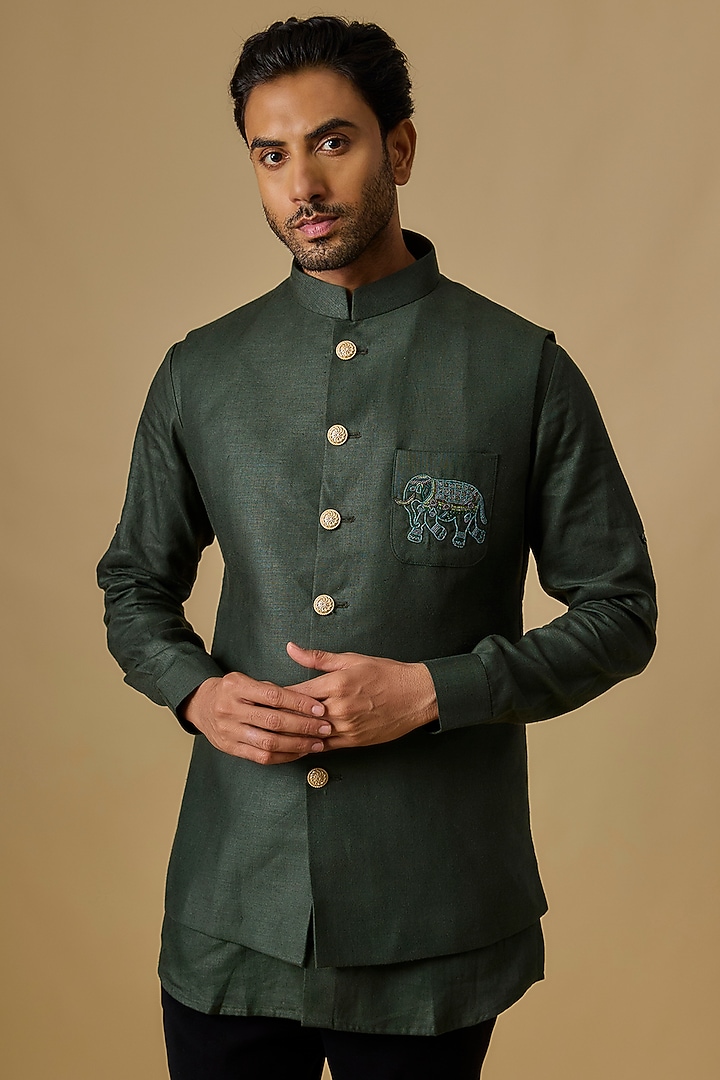Green Linen Embroidered Bundi Jacket Set by Nero by Shaifali & Satya at Pernia's Pop Up Shop