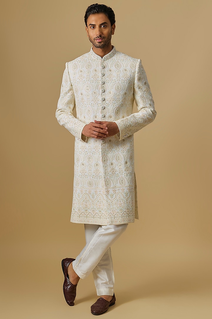 White Lucknowi Handwork Sherwani Set by Nero By Shaifali & Satya