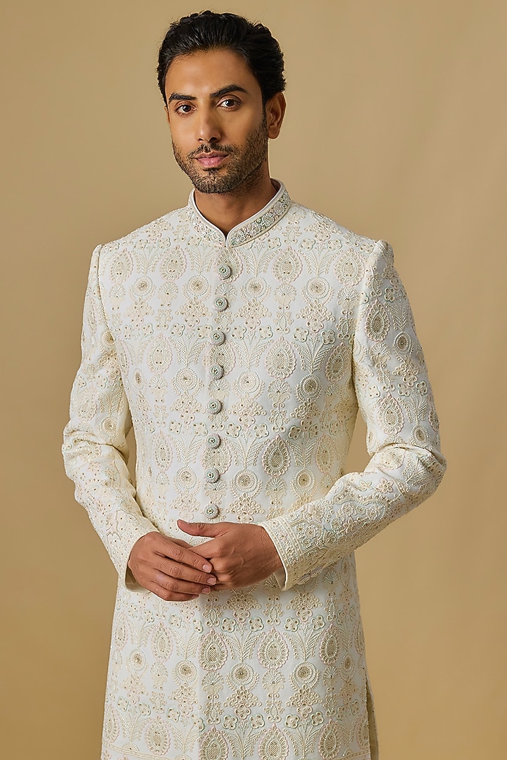 White Lucknowi Handwork Wedding Sherwani Set by Nero by Shaifali & Satya at Pernia's Pop Up Shop