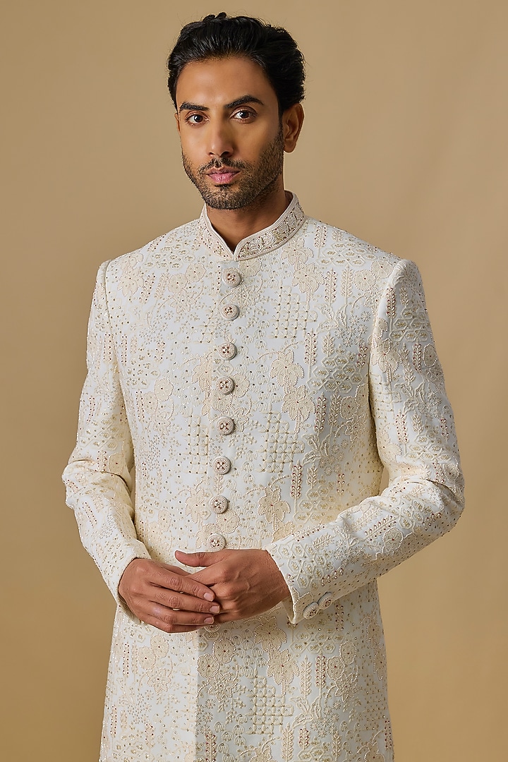 Ivory Lucknowi Handwork Wedding Sherwani Set by Nero by Shaifali & Satya at Pernia's Pop Up Shop