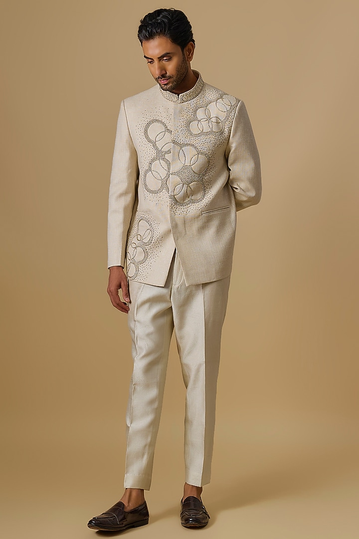 Beige Linen Zardosi Handwork Jodhpuri Set by Nero By Shaifali & Satya