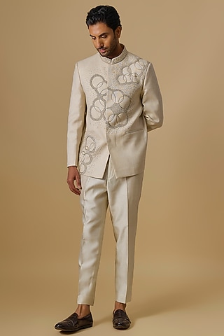 Beige Linen Zardosi Handwork Jodhpuri Set by Nero by Shaifali & Satya