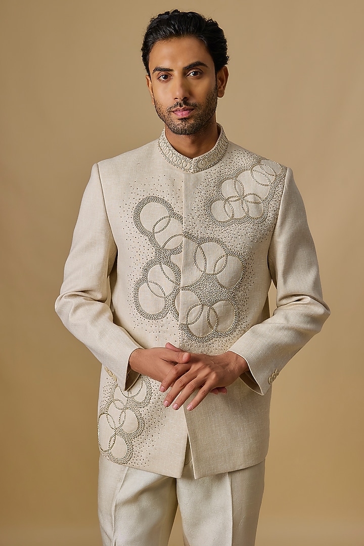 Beige Linen Zardosi Handwork Jodhpuri Set by Nero by Shaifali & Satya at Pernia's Pop Up Shop