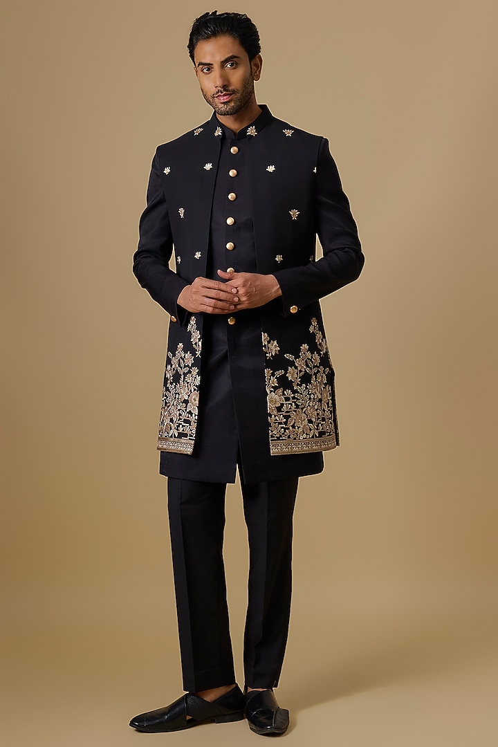 Black Silk Threadwork Open Jacket Set by Nero by Shaifali & Satya at Pernia's Pop Up Shop