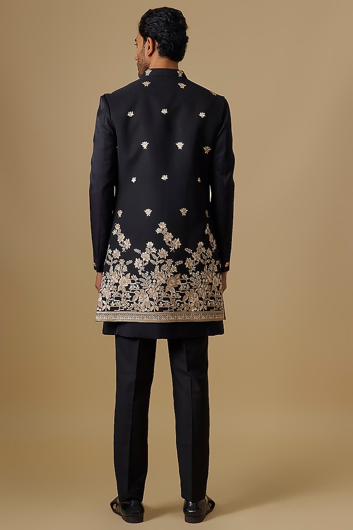 Black Silk Threadwork Open Jacket Set by Nero by Shaifali & Satya at Pernia's Pop Up Shop