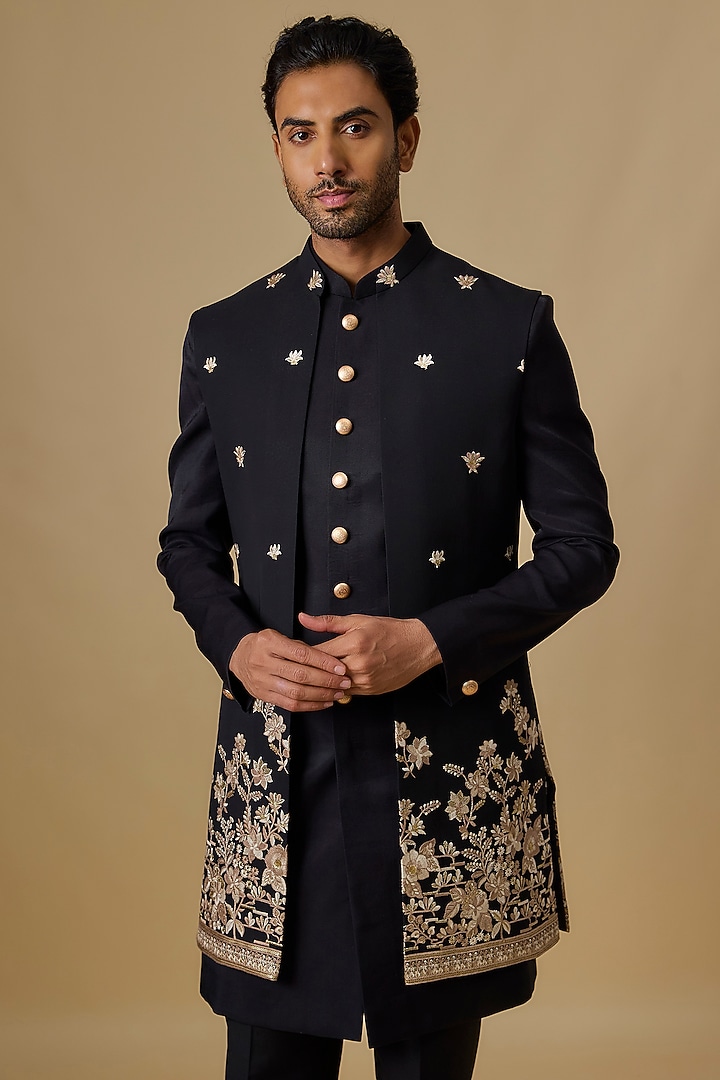 Black Silk Threadwork Open Jacket Set by Nero by Shaifali & Satya at Pernia's Pop Up Shop