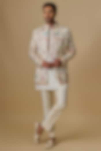 Ivory Silk Machine Embroidered Open Jacket Set by Nero by Shaifali & Satya at Pernia's Pop Up Shop