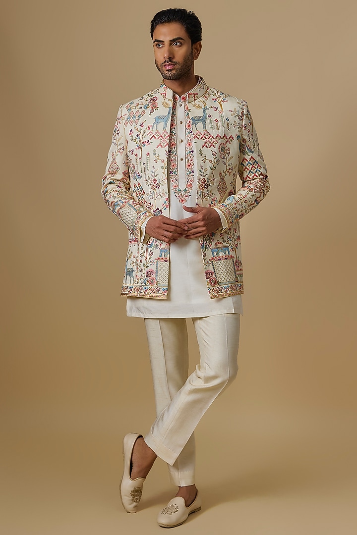 Ivory Silk Machine Embroidered Open Jacket Set by Nero by Shaifali & Satya at Pernia's Pop Up Shop