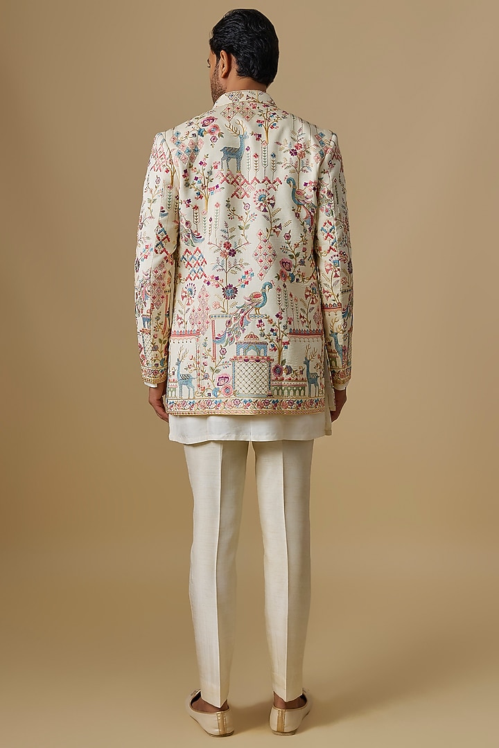 Ivory Silk Machine Embroidered Open Jacket Set by Nero by Shaifali & Satya at Pernia's Pop Up Shop