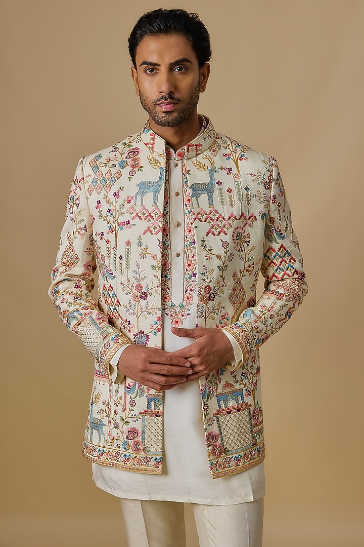 Ivory Silk Machine Embroidered Open Jacket Set by Nero by Shaifali & Satya at Pernia's Pop Up Shop