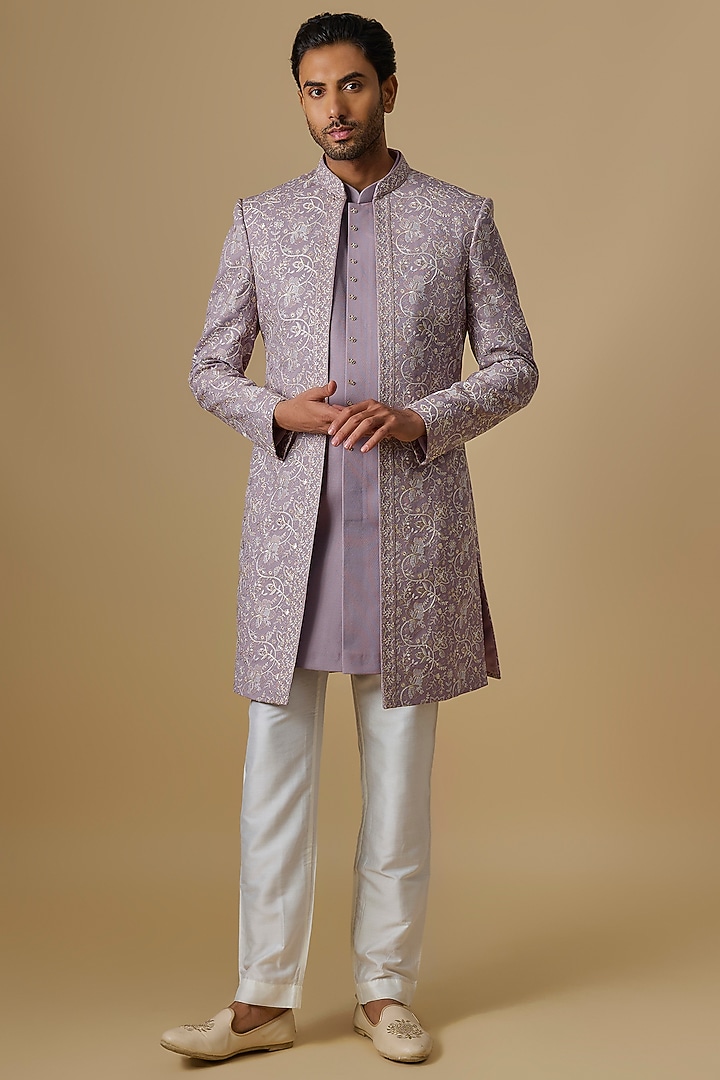 Purple Silk Machine Embroidered Open Jacket Set by Nero By Shaifali & Satya at Pernia's Pop Up Shop
